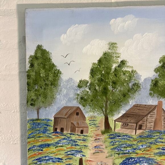 Vintage Farmhouse Landscape Painting | Hand-Painted Countryside Scene - Picture 4 of 10